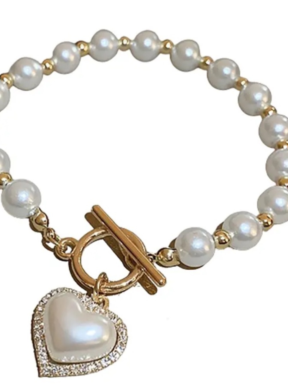 Pearl Heart Toggle Bracelet - White and Gold Women’s Jewelry - Picture 3 of 7